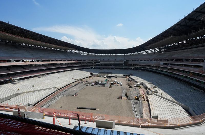 Construction continues on the Buffalo Bills new stadium, across the street from their current home at Highmark Stadium, in Orchard Park, NY Thursday, July 10, 2025. This is the view from one of the end zone’s looking out into the stadium.
