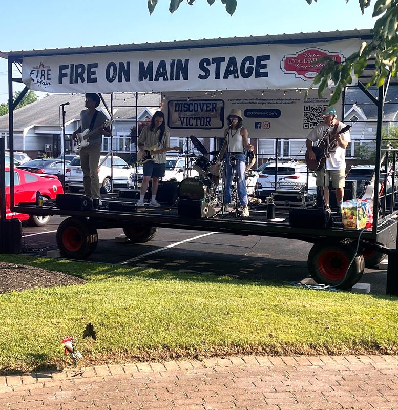 The Fire on Main Stage in Mead Square Park is donated by Dominick Dardano, the owner of the Victor restaurant, Fire on Main.
