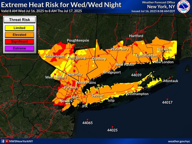 A forecast hazard map issued at 8 a.m. Wednesday, July 16, 2025, by the National Weather Service warns of a "significant" risk of extreme heat Wednesday. The forecast is valid until 8 a.m. Thursday, July, 16. The NWS warns of "Heat exhaustion or heat stroke likely with prolonged exposure. Stay hydrated and seek air conditioned locations if needed. Maximum Apparent Temperature 100 to 104."