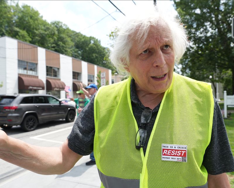 Fred Silverman, a documentary filmmaker from Bedford Hills, attents an anti-Trump rally in Mount Kisco on Saturday, July 12, 2025.