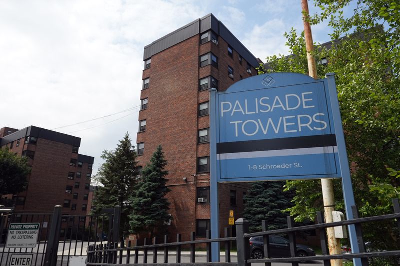 The entrance to Palisade Towers public housing complex in Yonkers, photographed July 14, 2025. The Municipal Housing Authority of Yonkers confirmed it has awarded a bid to an Armonk-based contracting firm to begin the conversion of the building from a gas heating system to electric. Residents at Palisade Towers have been without gas service since a leak forced an emergency shutoff in August, 2024.