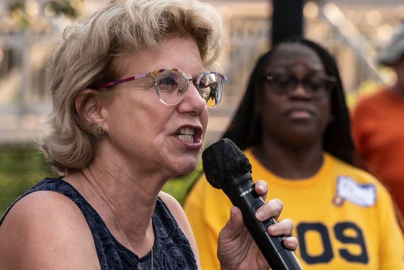 New York State Senator Shelley Mayer spoke to over one-hundred people who gathered for a Good Trouble protest in downtown Yonkers July 17, 2025.