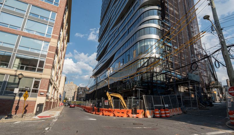 A building under construction at 44 Hudson Street in Yonkers, photographed July 17, 2025, where people became stuck in an elevator the day before.