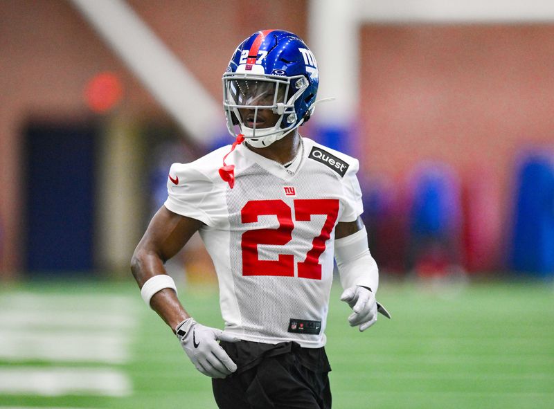 Jun 17, 2025; East Rutherford, NJ, USA; New York Giants safety Tyler Nubin (27) participates in a drill during minicamp at Quest Diagnostics Training Center. Mandatory Credit: John Jones-Imagn Images
