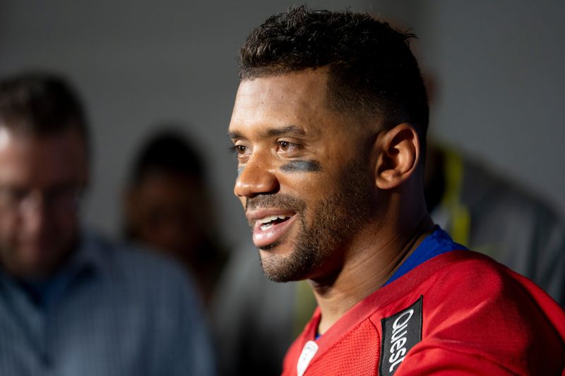 New York Giants quarterback Russell Wilson (3) speaks with members of the media during Mandatory Minicamp at Quest Diagnostics Giants Training Center in East Rutherford on Tuesday, June 17, 2025.