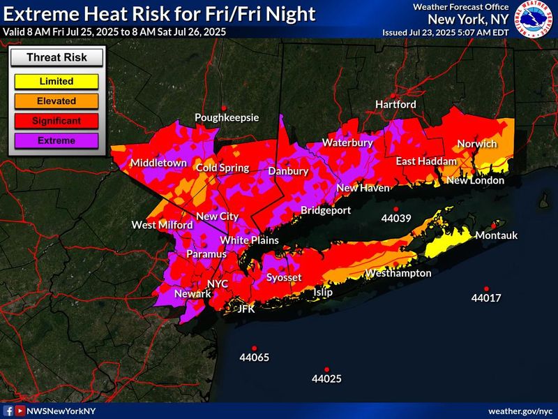 A forecast hazard map issued Wednesday, July 23, 2025 by the National Weather Service has much of downstate New York at significant to extreme risk of extreme heat Friday, July 25. Such risk carries potential for "dangerously hot conditions" that could "quickly result in heat exhaustion or heat stroke."