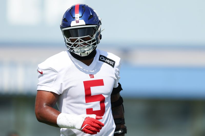 Jul 23, 2025; East Rutherford, NJ, USA; New York Giants linebacker Kayvon Thibodeaux (5) on the field during training camp at Quest Diagnostics Training Center. Mandatory Credit: Vincent Carchietta-Imagn Images