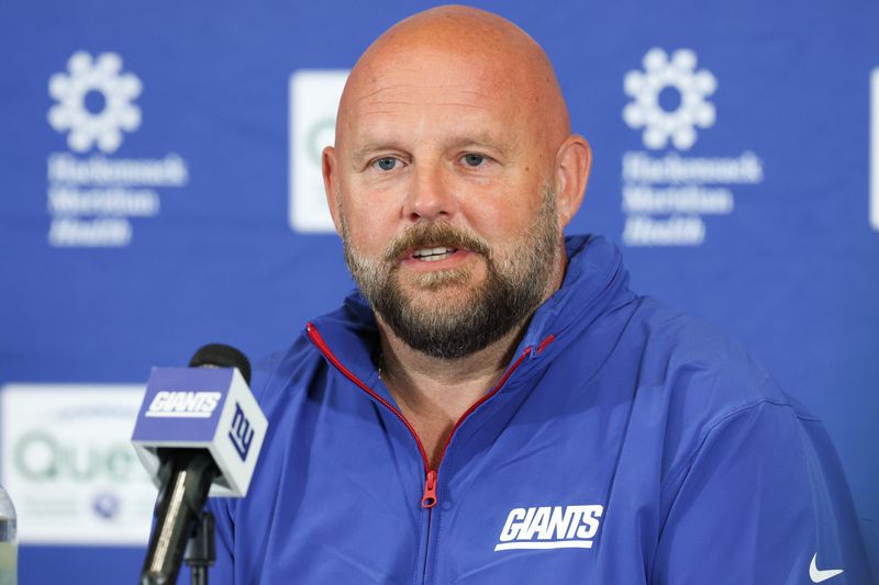 Jul 23, 2025; East Rutherford, NJ, USA; New York Giants head coach Brian Daboll talks with media during training camp at Quest Diagnostics Training Center. Mandatory Credit: Vincent Carchietta-Imagn Images