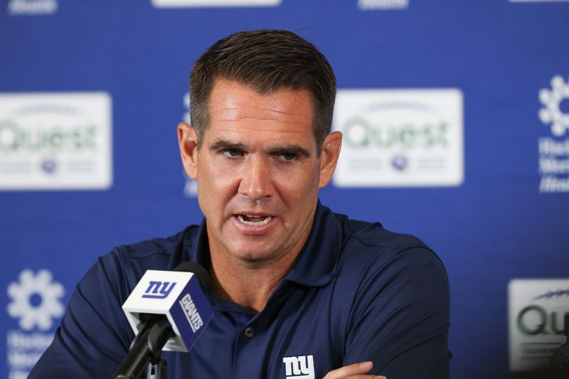 Jul 23, 2025; East Rutherford, NJ, USA; New York Giants general manager Joe Schoen talks with media during training camp at Quest Diagnostics Training Center. Mandatory Credit: Vincent Carchietta-Imagn Images