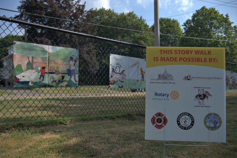 The first book installation for Stories in the Park will be on display at CFJ Park until September along the fence near the playground.