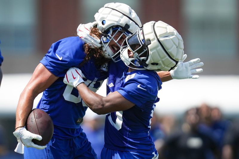 New York Giants tight end Greg Dulcich (89) and New York Giants wide receiver Montrell Washington (80) celebrate after a play on day two of training camp at Quest Diagnostics Giants Training Center, Jul 24, 2025, East Rutherford, NJ, USA.