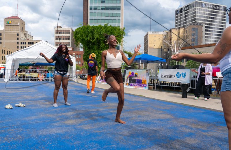 Guests of all skill levels can participate in double-Dutch at the 2025 Black Culture Festival on Parcel 5 in Downtown Rochester