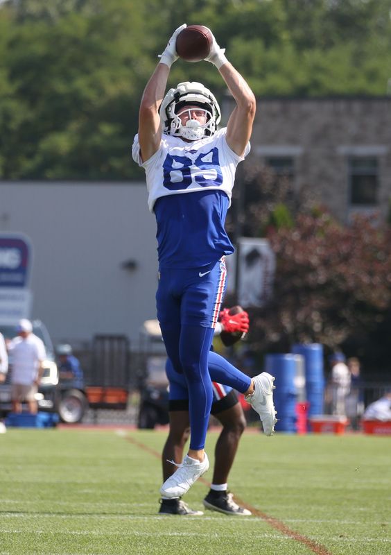 Bills wide receiver Stephen Gosnell goes up for a high pass during position drills during day five of Buffalo Bills training camp at St. John Fisher University Monday, July 28, 2025 in Pittsford, NY.