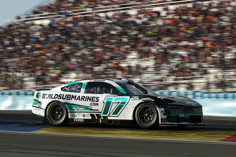 Sep 15, 2024; Watkins Glen, New York, USA; NASCAR Cup Series driver Chris Buescher (17) races during the Go Bowling at The Glen at Watkins Glen International.