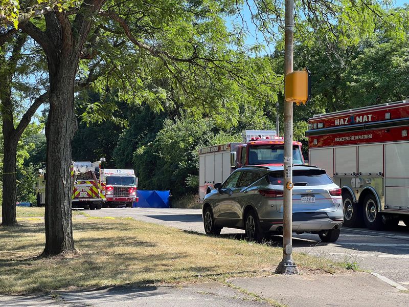 Police and fire crews on scene of a small plane crash on Bridge View Drive near Maplewood Park in Rochester on Aug. 1, 2025. One person was killed in the crash.