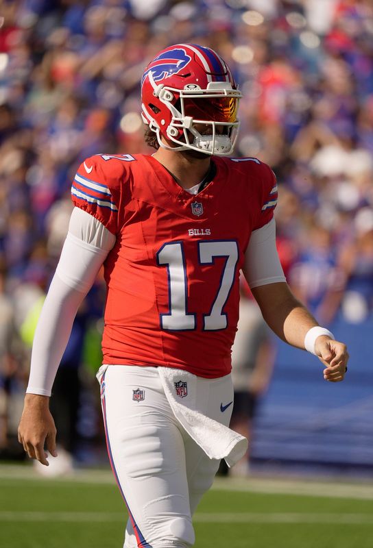Buffalo Bills quarterback Josh Allen wears a red helmet, the only player wearing a red helmet, during the Return of the Blue & Red practice at Highmark Stadium in Orchard Park on Aug.1, 2025.