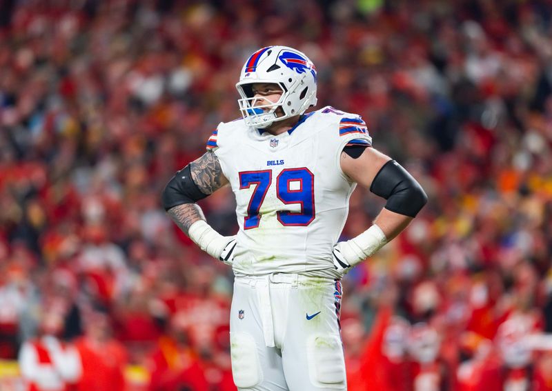 Jan 26, 2025; Kansas City, MO, USA; Buffalo Bills offensive tackle Spencer Brown (79) against the Kansas City Chiefs during the AFC Championship game at GEHA Field at Arrowhead Stadium. Mandatory Credit: Mark J. Rebilas-Imagn Images