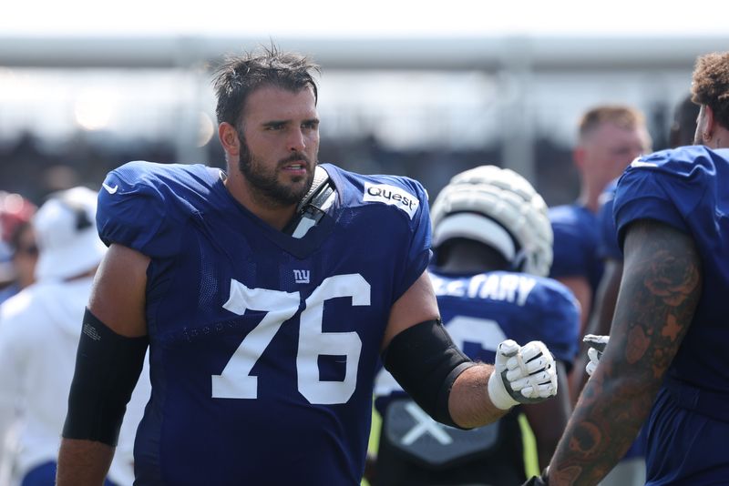 Aug 4, 2025; East Rutherford, NJ, USA; New York Giants guard Jon Runyan (76) on the field during training camp at Quest Diagnostics Training Center. Mandatory Credit: Vincent Carchietta-Imagn Images