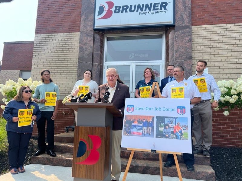 U.S Senator Chuck Schumer stood alongside Iroquois Job Corps students and staff at Brunner International’s manufacturing facility on Aug. 5 demanding a stop to the elimination of Job Corps.
