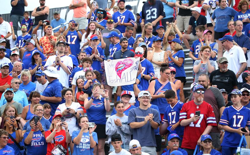 Fans pack the stands as the team takes the field during day three of Buffalo Bills training camp at St. John Fisher University Friday, July 25, 2025 in Pittsford, NY.