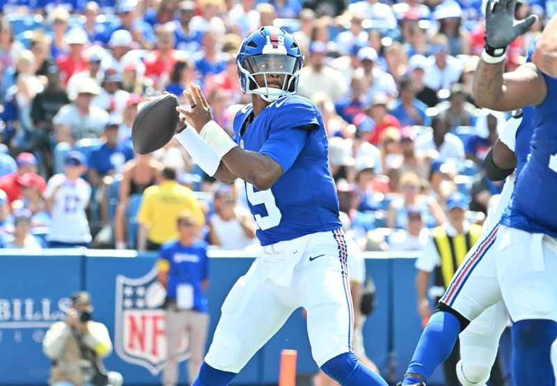 Aug 9, 2025; Orchard Park, New York, USA; New York Giants quarterback Jameis Winston (19) throws a pass in the third quarter against the Buffalo Bills at Highmark Stadium. Mandatory Credit: Mark Konezny-Imagn Images