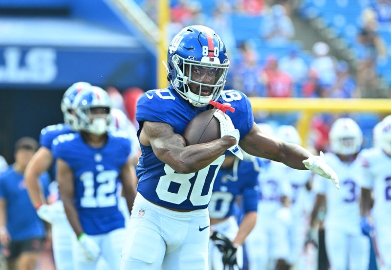Aug 9, 2025; Orchard Park, New York, USA; New York Giants wide receiver Montrell Washington (80) on the field before a game against the Buffalo Bills at Highmark Stadium. Mandatory Credit: Mark Konezny-Imagn Images