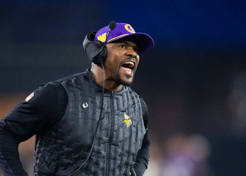 Jan 13, 2025; Glendale, AZ, USA; Minnesota Vikings defensive coordinator Brian Flores against the Los Angeles Rams during an NFC wild card game at State Farm Stadium. Mandatory Credit: Mark J. Rebilas-Imagn Images