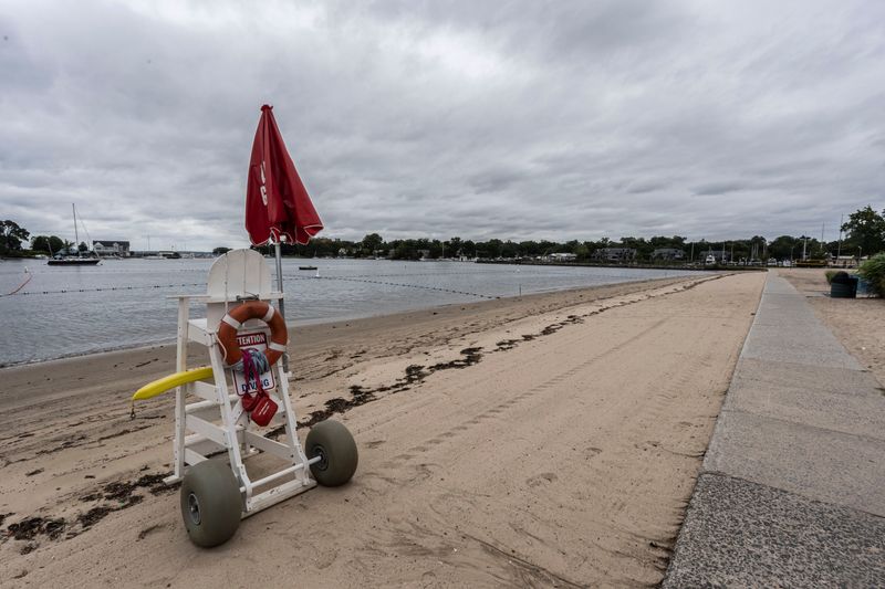 The beach at Harbor Island Park in Mamaroneck was open Aug. 21, 2025, but swimming was not allowed. The National Weather Service issued two coastal flood advisories for southern Westchester County due to Hurricane Erin.