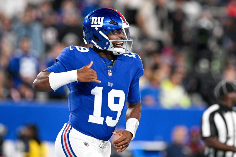 Aug 21, 2025; East Rutherford, New Jersey, USA; New York Giants quarterback Jameis Winston (19) celebrates a touchdown during the first quarter against the New England Patriots at MetLife Stadium. Mandatory Credit: Mark Smith-Imagn Images