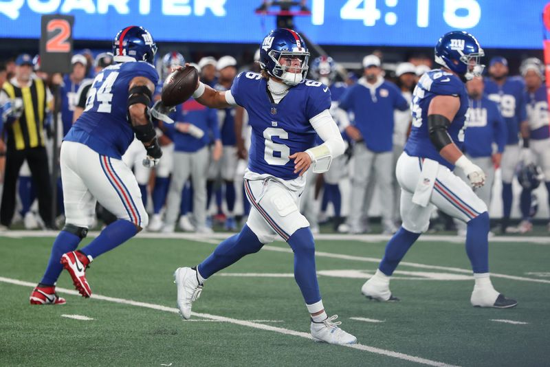 Aug 21, 2025; East Rutherford, New Jersey, USA; New York Giants quarterback Jaxson Dart (6) throws a pass during the first quarter against the New England Patriots at MetLife Stadium. Mandatory Credit: Vincent Carchietta-Imagn Images
