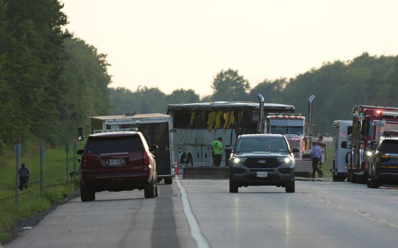 Five people were killed and an unknown number of other passengers on the bus were injured after a tour bus they were traveling in rolled over while heading east on the New York Thruway in Pembroke, NY on Aug. 22, 2025. According to Major Andre Ray, with the New York State Police Troop T, on preliminary investigation, it appeared the driver became distracted, lost control and over corrected which caused the crash. No other vehicle was involved in the crash. The bus is prepared for towing.