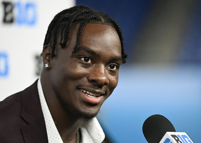 Jul 24, 2024; Indianapolis, IN, USA; Michigan State Spartans running back Nathan Carter speaks to the media during the Big 10 football media day at Lucas Oil Stadium. Mandatory Credit: Robert Goddin-USA TODAY Sports