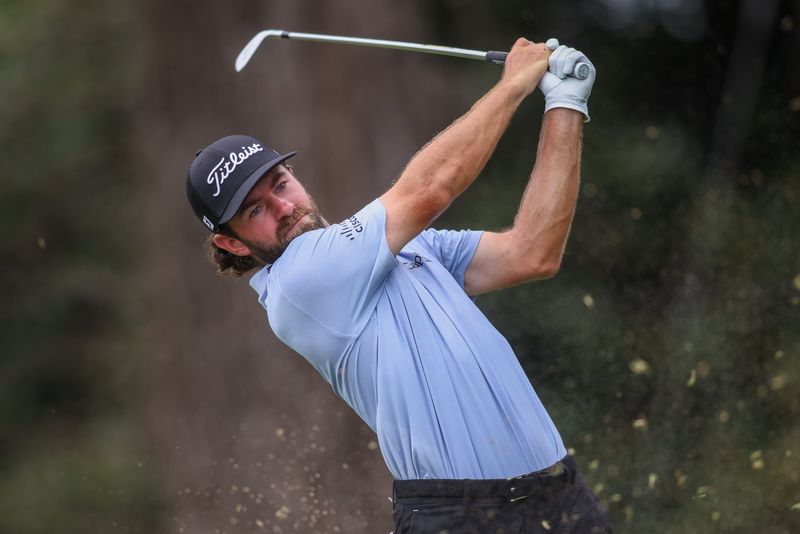 Aug 21, 2025; Atlanta, Georgia, USA; Cameron Young plays his shot from the second tee during the first round of the TOUR Championship golf tournament. Mandatory Credit: Brett Davis-Imagn Images
