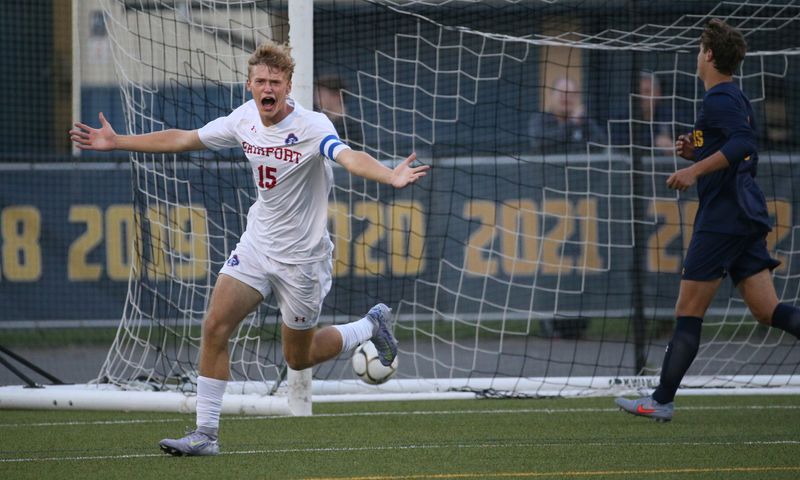 Fairport’s Justin Burton celebrates his goal in the opening minute of the game against Spencerport during their Section V boys soccer crossover game Tuesday, Sept. 2, 2025 at Spencerport. The game was called just before halftime due to lightning with Fairport leading 1-0.