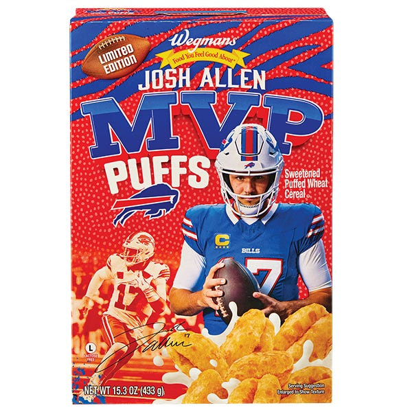 Wegmans is selling Josh Allen MVP Puffs cereal in its stores throughout New York state and part of Pennsylvania for a limited time, with some of the proceeds going to Oishei Children's Hospital.