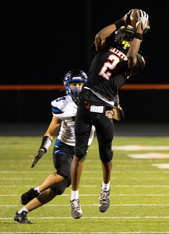 Churchville-Chili's Zyon Beachum catches a pass Friday, Sept. 5 at Churchville-Chili.
