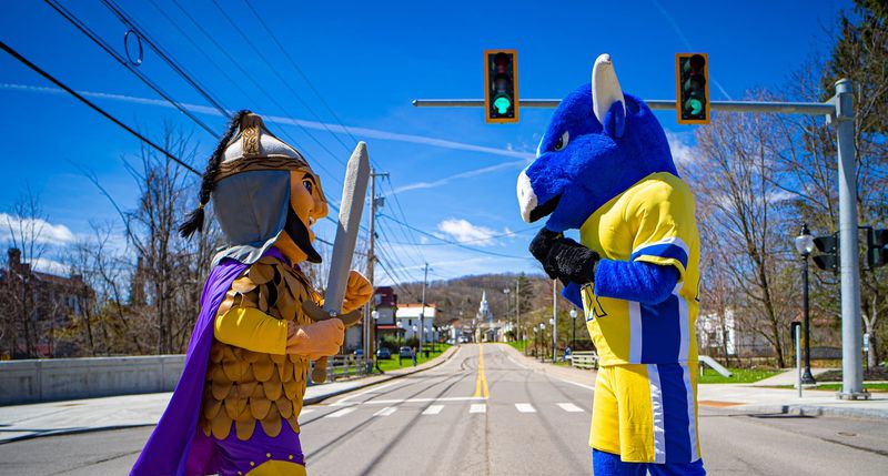 The Alfred University and Alfred State mascots square off in front of the village's lone stop light.
