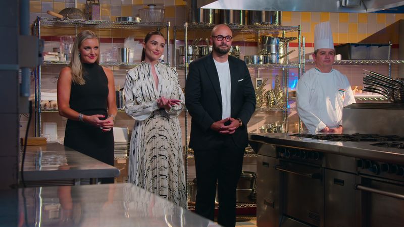 From left, Kelsey Barnard Clark, Olivia Culpo and Carlton McCoy in episode three of Netflix's "Next Gen Chef."