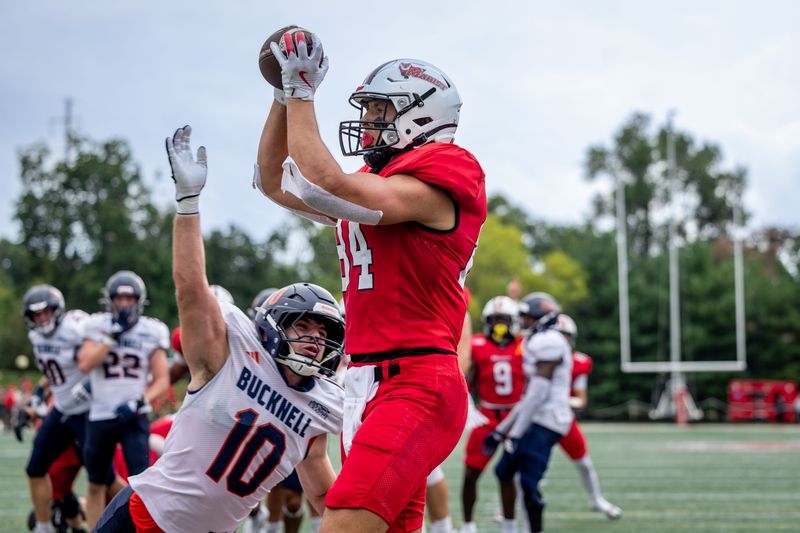 Marist tight end Connor Hulstein (84) '25, of Frisco, Texas, makes a grab. Bucknell beat Marist 34-23 on Sept. 6, 2025, in Poughkeepsie. MARIST ATHLETICS