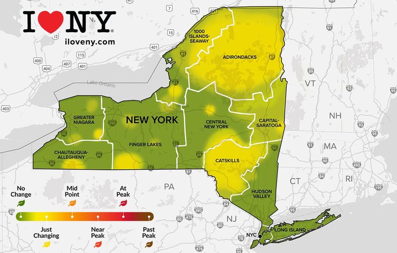 New York's fall foliage map for autumn 2025. The first week runs from Sept. 10-16.