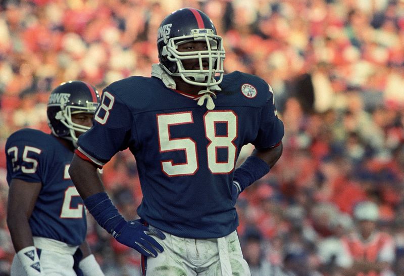 Jan 25, 1987; Pasadena, CA, USA; FILE PHOTO; New York Giants linebacker Carl Banks (58) on the sidelines during Super Bowl XXI against the New York Giants at the Rose Bowl. The Giants defeated the Broncos 39-20. Mandatory Credit: Bob Deutsch-USA TODAY Sports