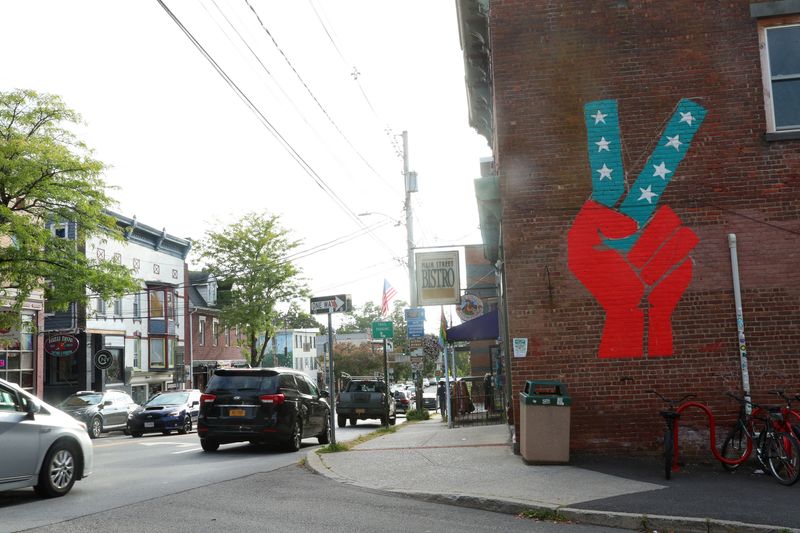 The iconic peace sign at the intersection of Main Street and Church Street in New Paltz on September 10, 2025.