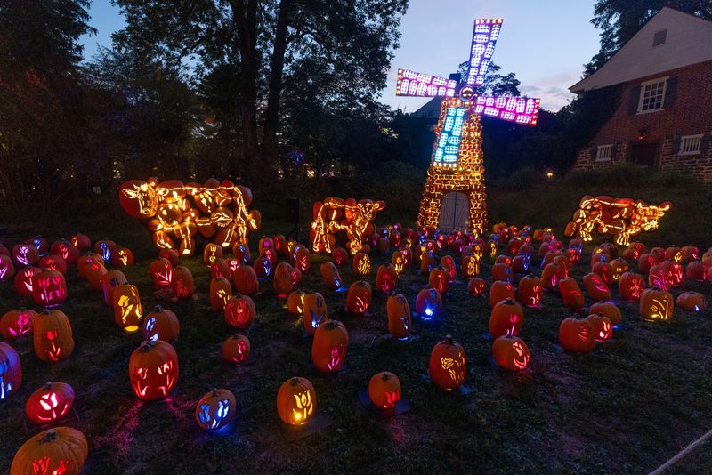 One of the exhibits at the Great Jack O'Lantern Blaze at Van Cortlandt Manor in Croton-on-Hudson, photographed Sept. 14, 2025. The immersion event features 7,000 hand carved jack o'lanterns with synchronized lighting and musical soundtracks. The event continues through Nov. 16th.