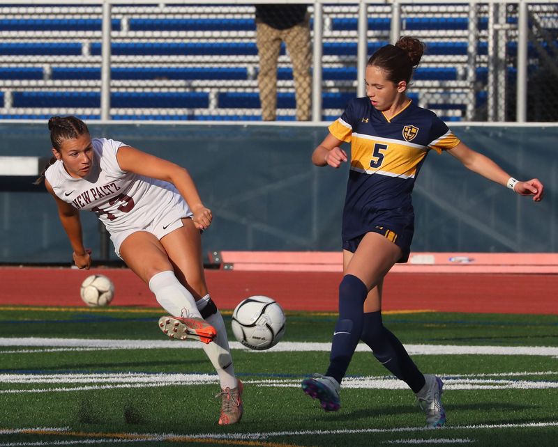 New Paltz’s Olivia Yarwood clears the ball away from Lourdes’ Chiara Winogradoff during their game on September 16, 2025.