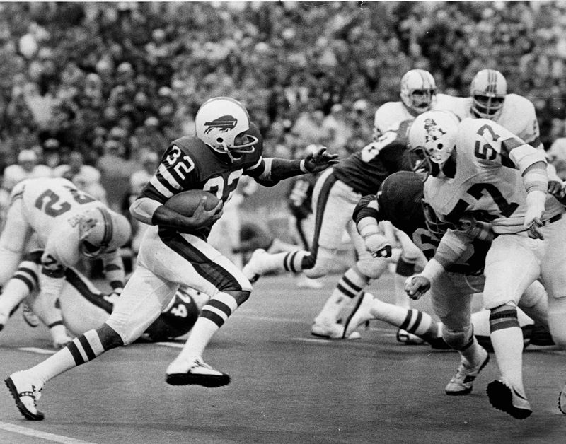 Buffalo Bills running back O.J. Simpson had 151 total yards and two touchdowns in an Oct. 20, 1974, game against the New England Patriots. This photo is undated, but Simpson's helmet and jersey are similar to the look from that era.