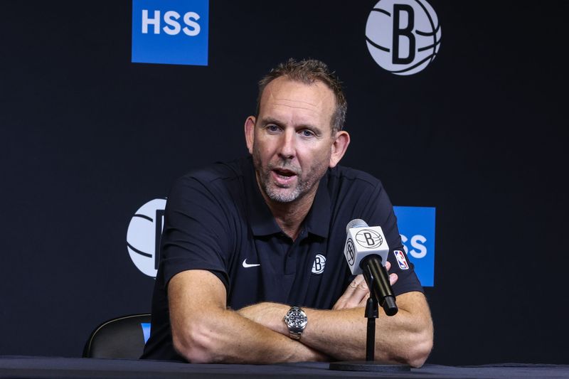 Sep 23, 2025; Brooklyn, NY, USA; Brooklyn Nets general manager Sean Marks speaks at Media Day. Mandatory Credit: Wendell Cruz-Imagn Images