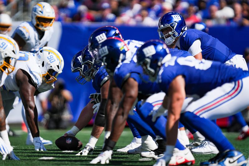 New York Giants quarterback Jaxson Dart (6) calls a play during a game against the Los Angeles Chargers at MetLife Stadium, Sep 28, 2025, East Rutherford, NJ, USA.