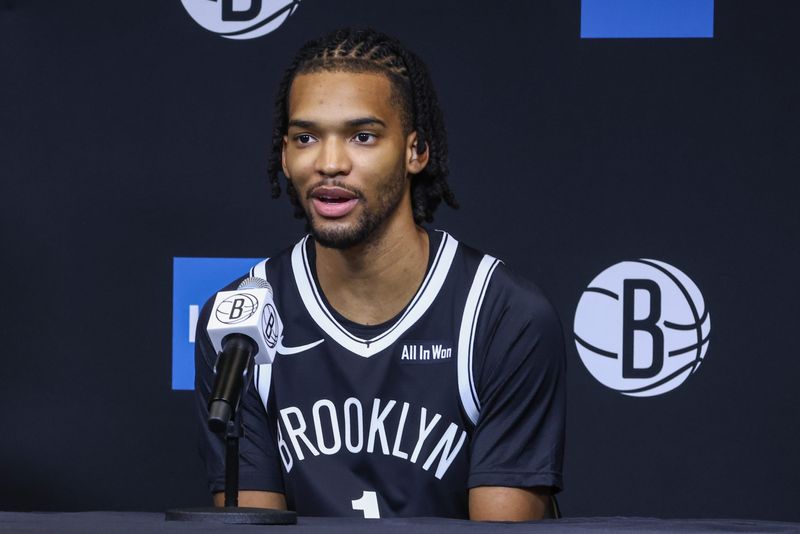 Sep 23, 2025; Brooklyn, NY, USA; Brooklyn Nets forward Ziaire Williams (1) speaks at Media Day. Mandatory Credit: Wendell Cruz-Imagn Images