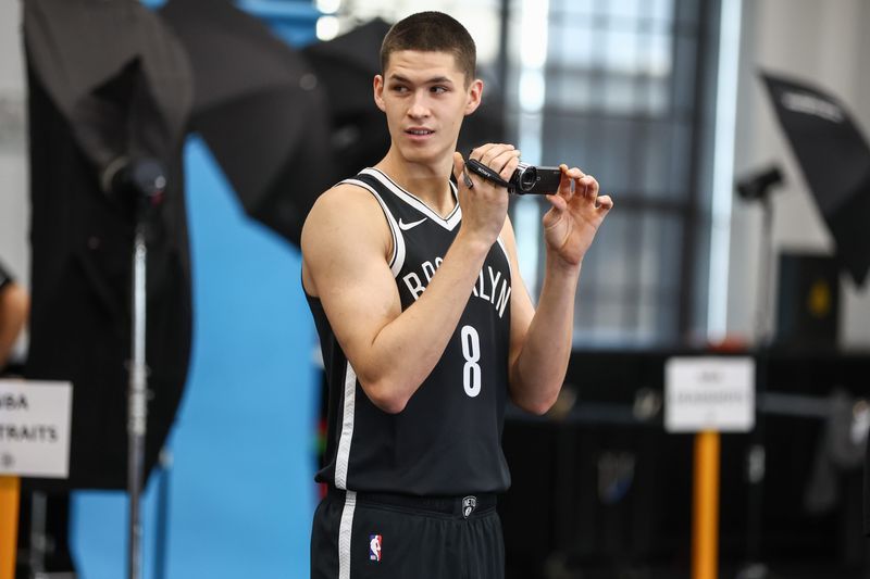 Sep 23, 2025; Brooklyn, NY, USA; Brooklyn Nets guard Egor Demin (8) at Media Day. Mandatory Credit: Wendell Cruz-Imagn Images