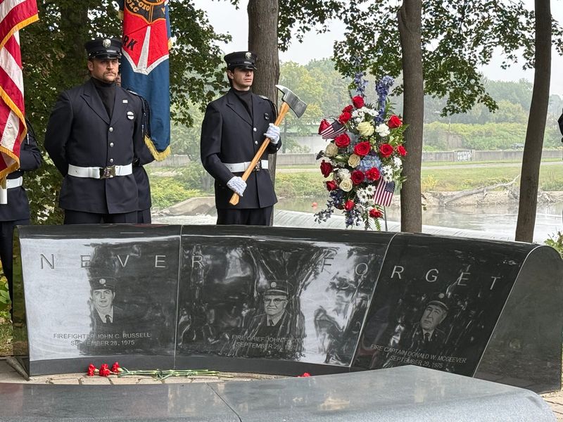 A ceremony was held for the 50th anniversary of the Rockbottom Dam tragedy that claimed the lives of three firefighters at the 115 Conklin Ave. memorial Sept. 29, 2025.